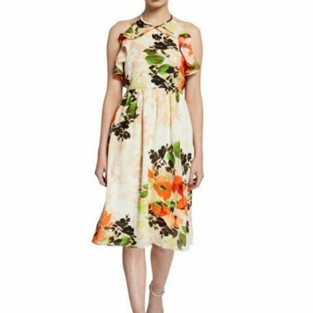 Nicole Miller Womens Halter Dress Size 10 Cream‎ Orange Floral Ruffle Midi NWT